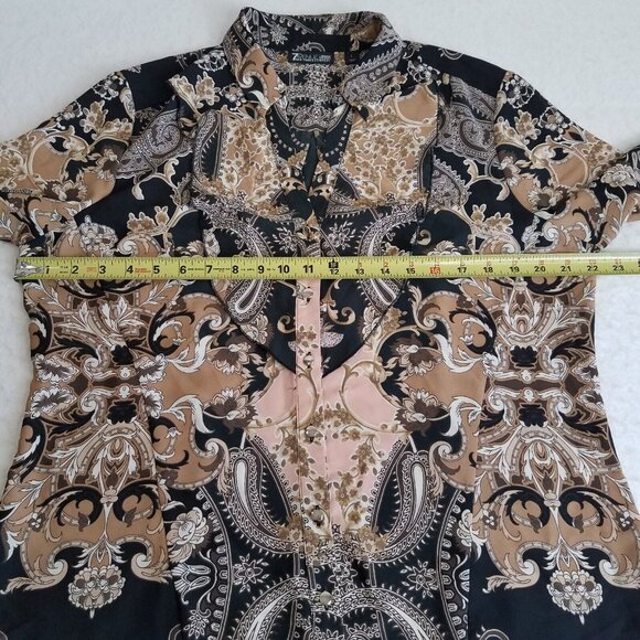 7th Avenue Paisley Blouse LARGE Black Brown Tan Pink Ruffle Button Front V Neck  - Picture 3 of 15